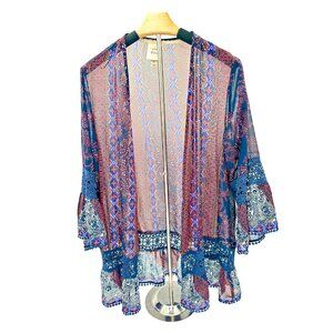 Knox Rose Boho Kimono Cardigan Paisley Patchwork with Lace Trim Flowy XL